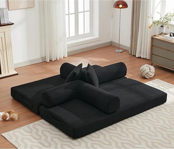 Convertible Floor Sofa Bed with Fixed-Shape Frame Modular Corduroy Folding Mattress Couch with Armrest Floor Sofa Lounge Couch for Living Room Bedroom Lounge Studio-Black