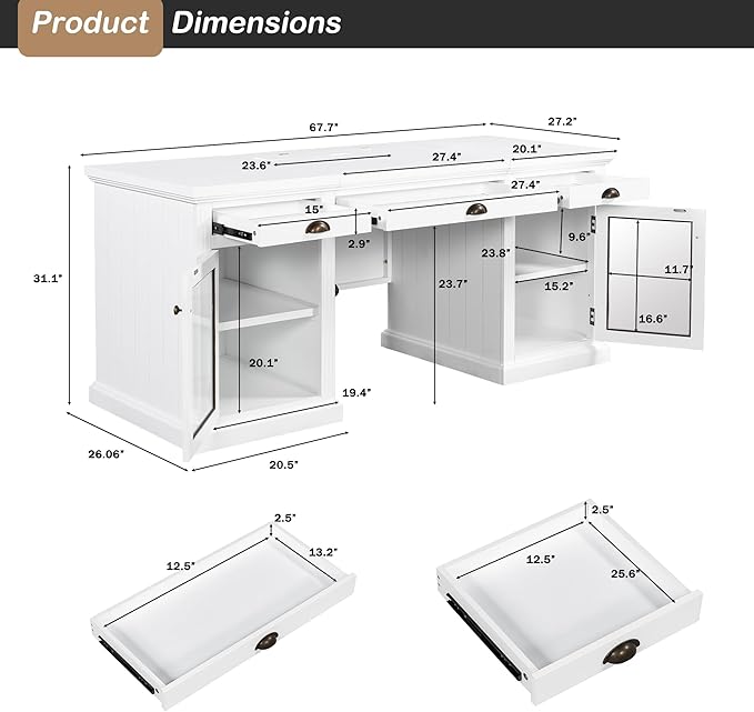 Merax 67 Executive Desk with Drawers Modern Home Office Desk with Charging Station Glass Doors Cabinet Storage Wood Computer Desk for Work and StudyWhite