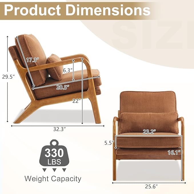 Karl home Mid-Century Modern Accent Chair Living Room Chairs with Pillow Corduroy Upholstered Lounge Armchair with Solid Wood Frame &amp Soft Cushion for Bedroom Reading Room Brown