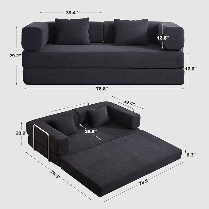 Convertible Sleeper Sofa Bed with All High-density Foam No Assembly Foldable Sleeper Couch Folding Floor Boneless Mattress Lounge Couch for Living Room Bedroom Apartment Office Orange All Foam
