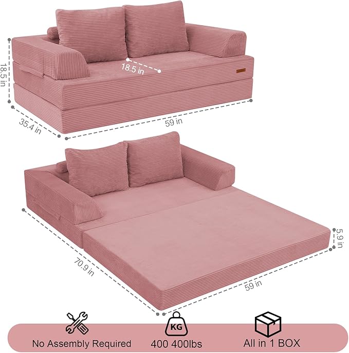 COMAX Futon Sofa Bed Convertible Folding Sofa Bed Boneless Couch Loveseat Corduroy with Pillows Small Foldable Floor Couch Comfy Lounge Sleeper for Living Room Bedroom Pink