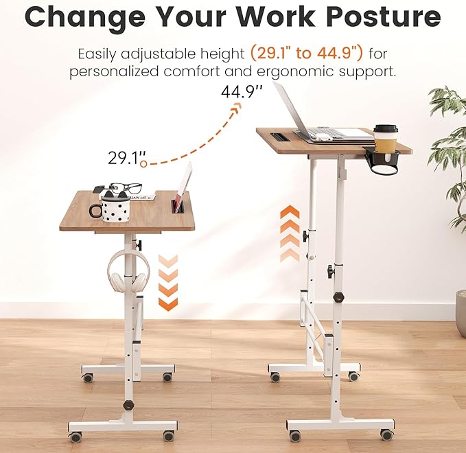 Hadulcet Portable Standing Desk Rolling Desk Adjustable Height Mobile Laptop Desk Small Stand Up Table with Wheels Walking Table for Treadmill Walking Pad Tall Computer Stand Oak