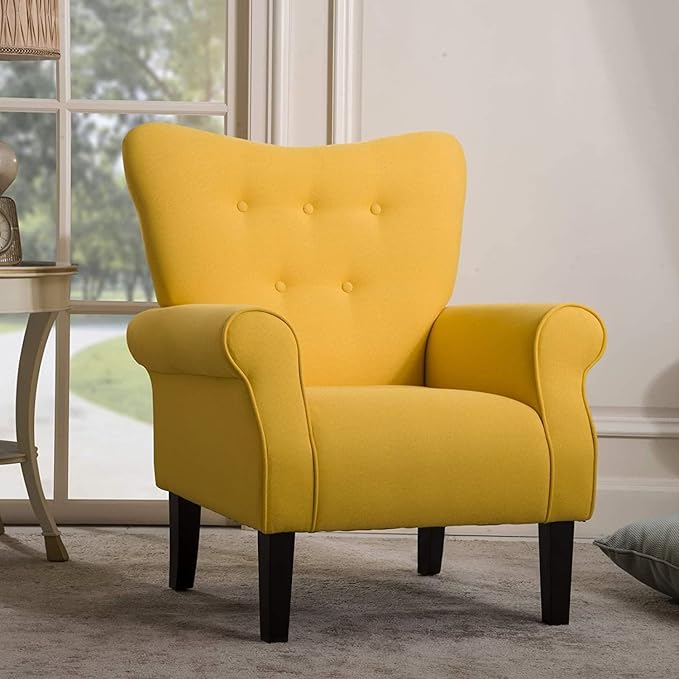 YOLENY Modern Accent ChairHigh Back ArmchairUpholstered Fabric Button Single Sofa with Wooden Legs for Living RoomBedroomClubYellow
