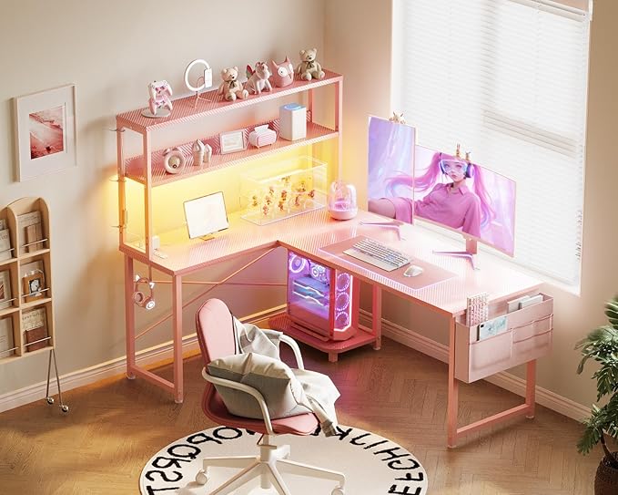 AODK L Shaped Desk Gaming Desk with LED Light &amp Power Outlet 53 Inch Reversible L Shaped Computer Table with Shelf &amp Storage Bag &amp Hook for Home Office Pink