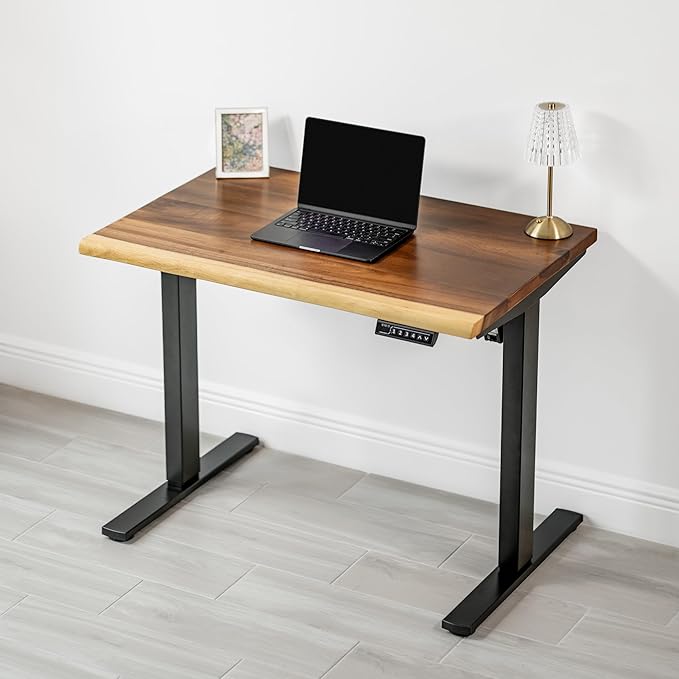 Small Standing Desk – Walnut Solid Wood Desk Natural Live Edge Adjustable Height Dual Motor Sit Stand for Home Office (Black W38 x D25)