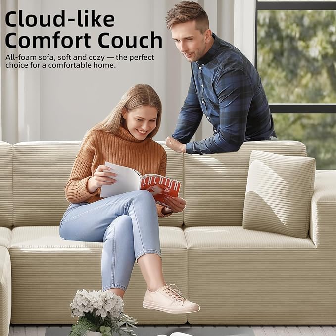106 Boneless Sectional Couch with High-Density Foam Modern Frameless Floor Couch with Ottoman 3 Seater Cloud Modular Sofa with Chaise for Livingroom Cream Beige