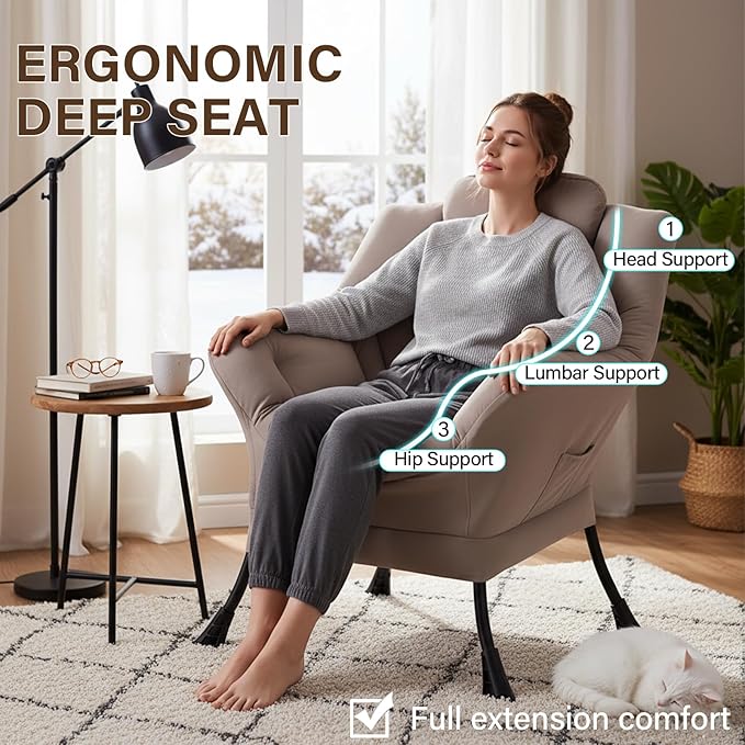 Welnow Lazy Chair for Living Room Modern Reading Accent Chair with Armrests and a Side Pocket Leisure Upholstered Lazy Sofa for Small Space Bedroom Dorm Khaki