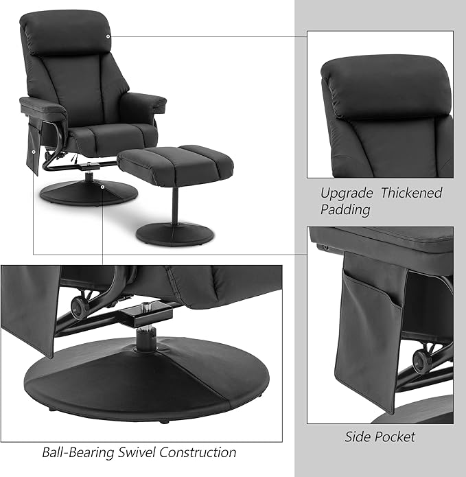 MCombo Swivel Recliner with Ottoman TV Chair with Vibration Massage Ideal for RV Small Space Living Room &amp Bedroom 4539 4828 (Faux Leather Black)