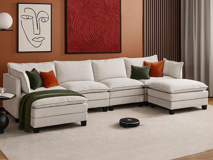 111” Modular Sectional Sofa L Shaped Cloud Couch with Ottoman Chenille Deep Seat Sofa with Pillow for Living Room Bedroom and Apartment 6 Seats Beige