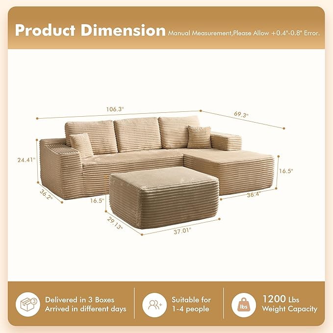 106 Cloud Sectional Couch with L-Shape Chaise &amp Ottoman No Assembly Modular Sofa Deep Seat Plush Corduroy Boneless Couched for Living Room (Beige Plush Corduroy L Shape with Ottoman-Right Faci