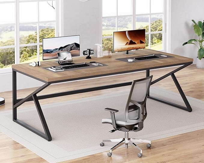 HSH Extra Large Home Office Desk Rustic Wood and Metal Computer Desk for 2 People 78 Inch Long Executive Writing Study Gaming Double Desk Workstation Bedroom Living Room PC Table for 2 Monitors