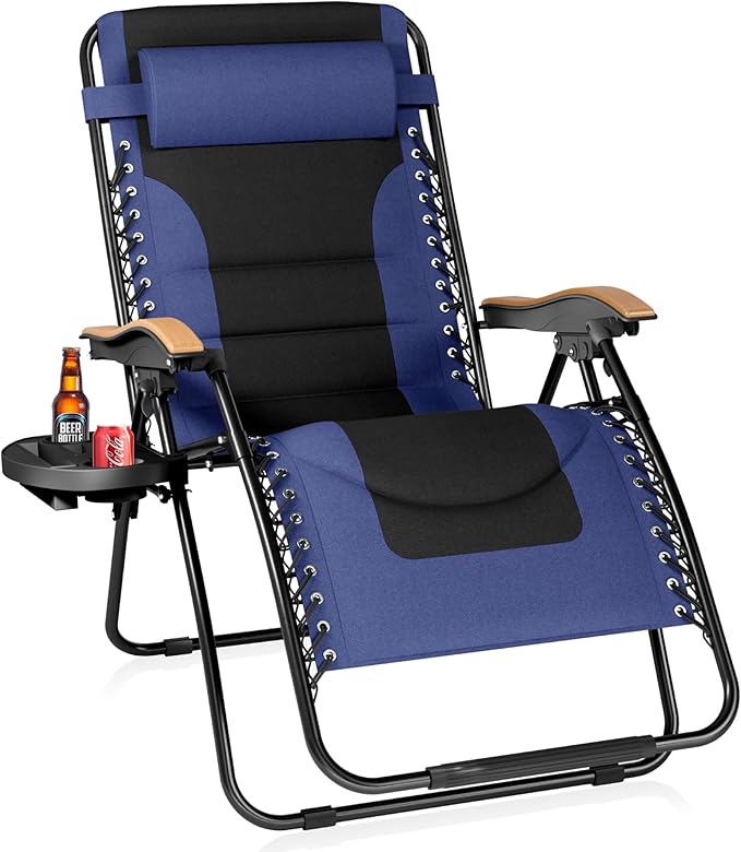 PHI VILLA XXL Oversized Padded Zero Gravity Chair Foldable Patio Recliner 30 Wide Seat Anti Gravity Lounger with Cup Holder Support 400 LBS (Navy Blue)