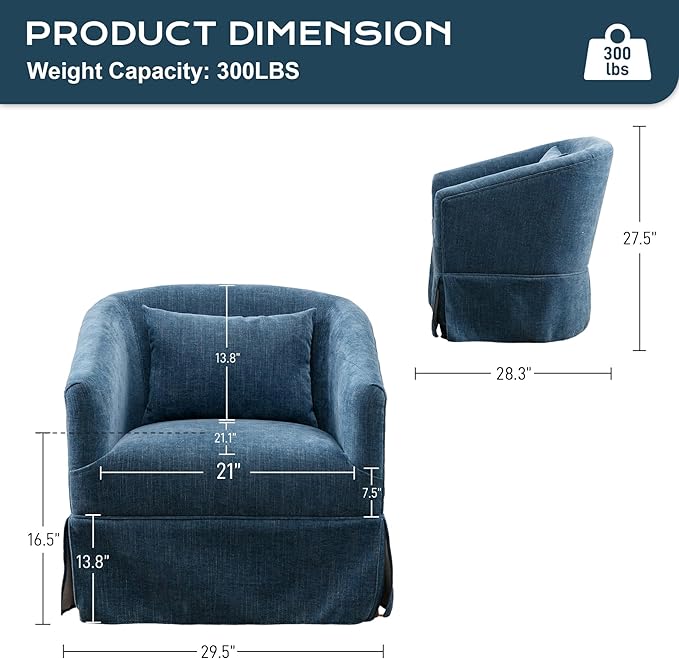 Swivel Accent Chair Set of 2 Comfy Modern Swivel Barrel Chair with Skirt 360°Upholstered Chenille Small Single Sofa Club Armchair for Living Room Bedroom Nursery Lounge Blue