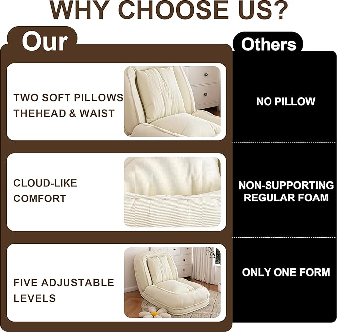 71 Upholstered Human Dog Bed for Adults &amp Pets 5 Adjustable Foldable Lazy Sofa Bed with 2 Soft Pillows for Bedroom Living Room Reading Corner Off White