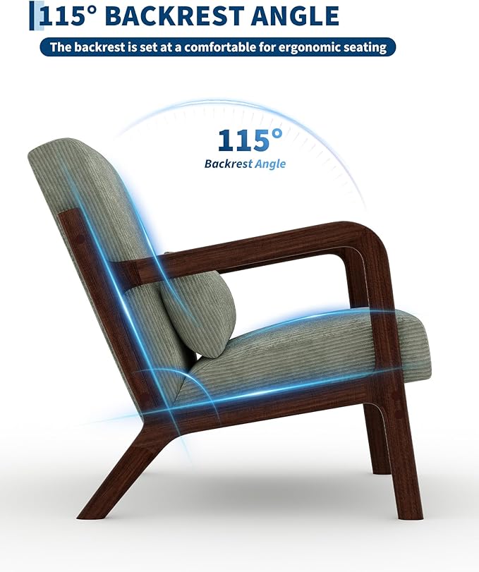 Garvee Mid-Century Modern Accent Chair Wide-Wale Corduroy Upholstery Solid Wood Armchair with Removable Lumbar Pillow Sturdy Reading Chair for Living Room Bedroom Guest Room Easy Assembly Green