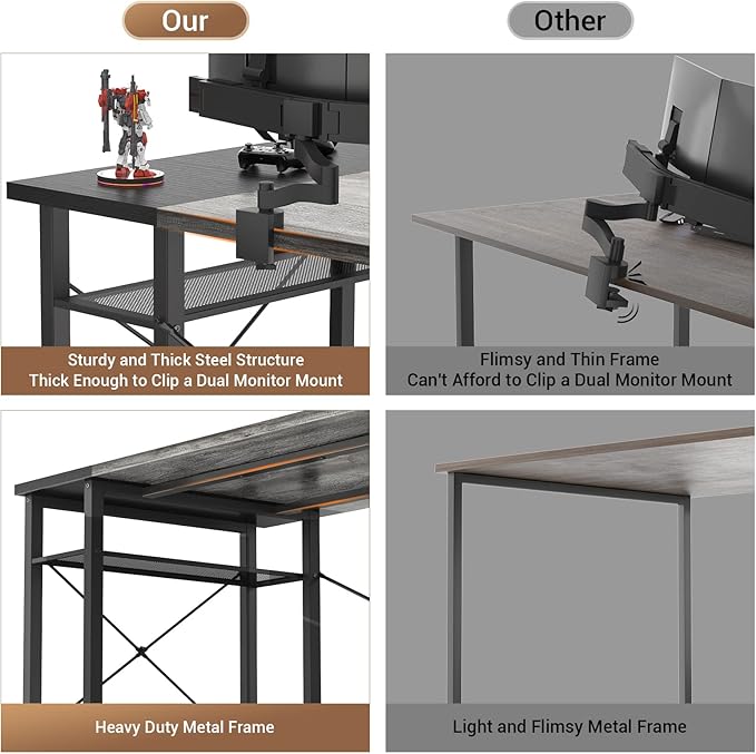 Armocity Computer Desk with LED Lights 55 Inch Desk with Power Outlet and USB Reversible Large Desk with Moveable Monitor Stand 55.2'' Gaming PC Table for Home Office Workstation Grey and Black