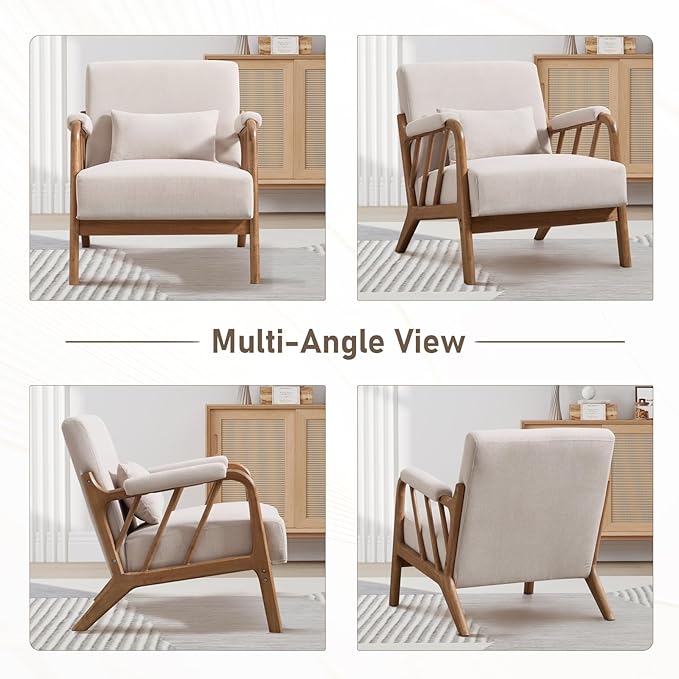 Bonzy Home Mid Century Modern Accent Chair Upholstered Arm Chair Solid Wood Comfy Reading Chairs with Lumbar Pillow for Living Room Bedroom Reading Room Beige