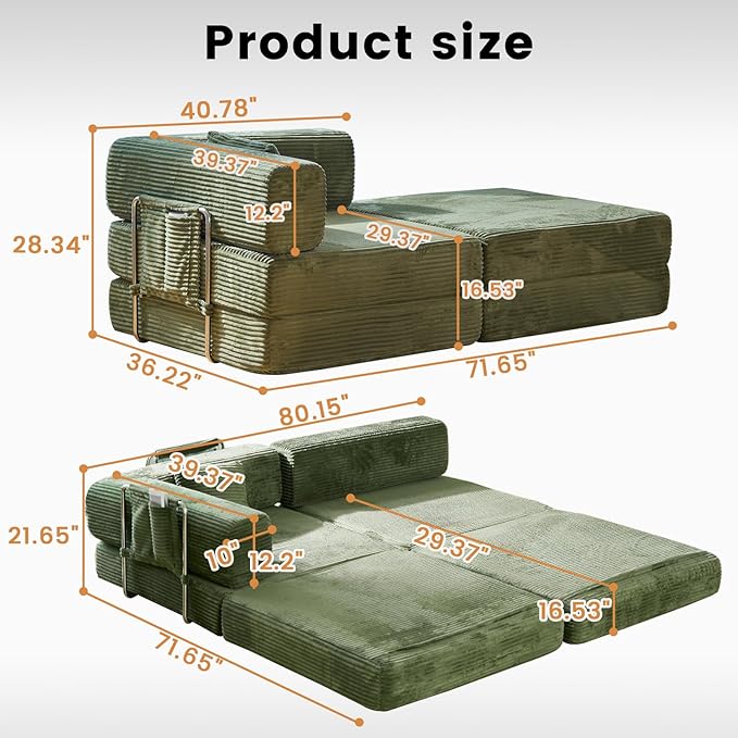 Convertible Sleeper Sofa Bed Corduroy Upholstered Green Modular Floor Couch Queen/King Size Foldable Futon with Memory Foam for Apartment Living Room Bedroom (Off White) (single-sided armrest 80.15)