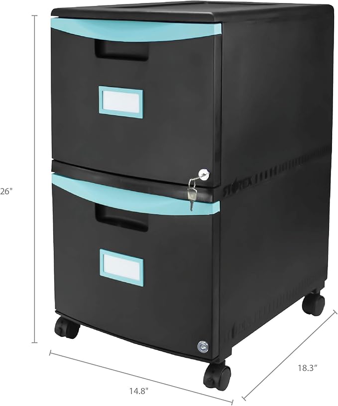 Storex Two-Drawer Mobile Filing Cabinet 2 Legal/letter-Size File Drawers Black/teal 14.75 X 18.25 X 26