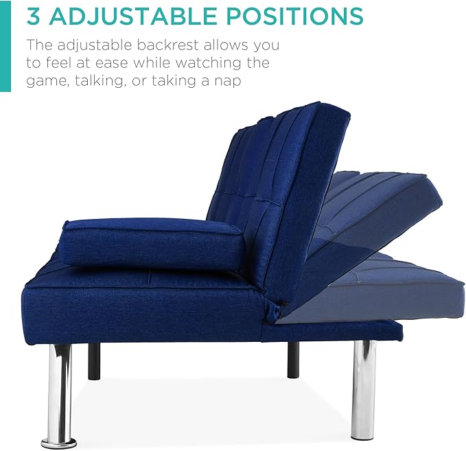 Best Choice Products Linen Modern Folding Futon Reclining Sofa Bed for Apartment Dorm w/Removable Armrests 2 Cupholders - Dark Blue