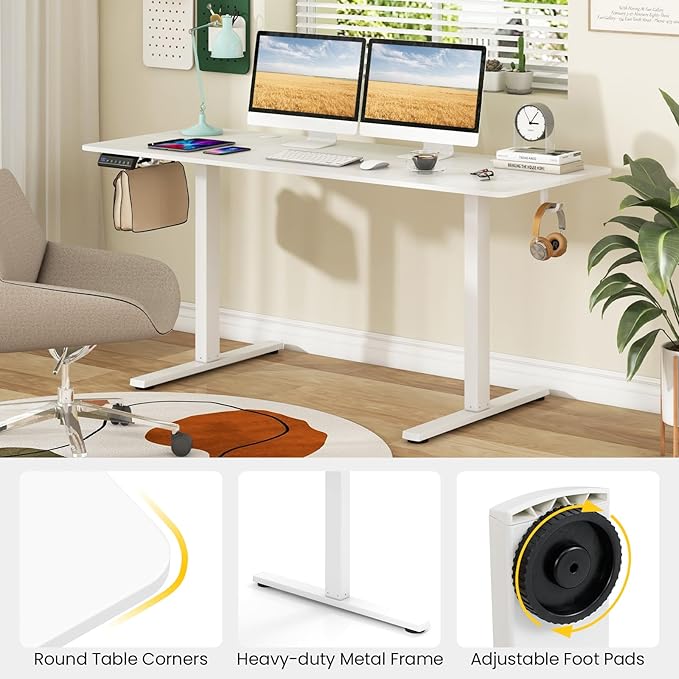 Tangkula 63 Inch Height Adjustable Electric Standing Desk Extra Large Sit Stand Desk with 3 Memory Height Settings Anti-Collision System 2 Hanging Hooks &amp Wire Holes Rising Desk for Home Offic