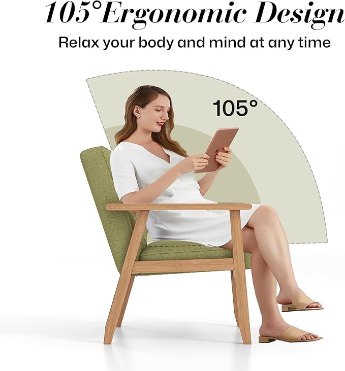 KCC Mid-Century Modern Linen Fabric Accent Chair Upholstered Tufted Leisure Chair Comfy Reading Side Chair with Armrest and Solid Wood Frame for Living Room Bedroom Balcony(Green)