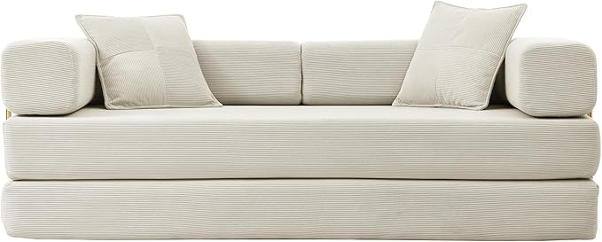 Folding Sofa Bed Convertible Sleeper Sofa Bed with Gold Fixed-Shape Frame Corduroy Floor Couch Lazy Compression Sofa for Living Room Bedroom Home Theater Beige