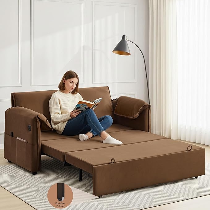 63 Velvet 3 in 1 Convertible Sleeper Sofa Bed Pull Out Couch Bed Loveseat with Adjustable Backrest Chaise Lounge USB Port &amp Side Pocket Modern Sofa for Living Room Small Spaces Brown