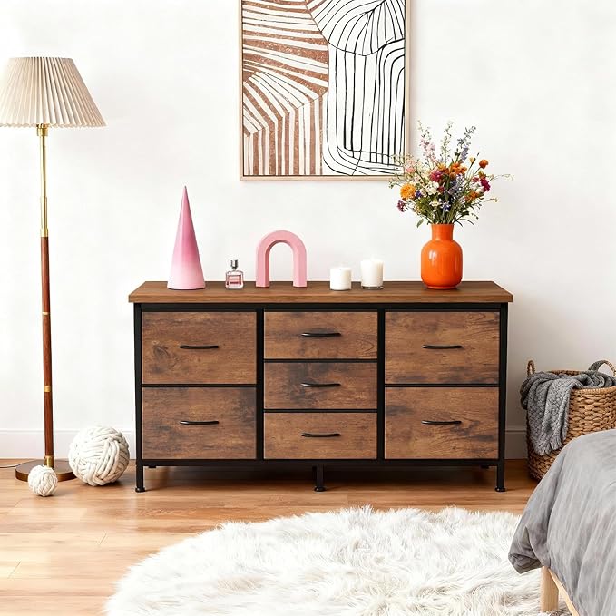 DUMOS TV Stand 7 Drawer Dresser for Bedroom with Storage TV Stands for Living Room Grey Farmhouse Entertainment Center Media Console Table with Metal Frame Adjustable Feet