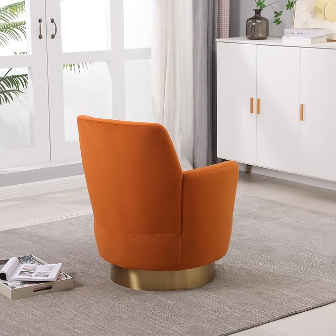 360° Swivel Barrel Accent Chair Comfy Round Accent Chairs with Gold Iron Base &amp Dual-Layer Cushion Modern Lounge Reading Armchair Upholstered Sofa Chair for Living Room Bedroom(Velvet Orange)