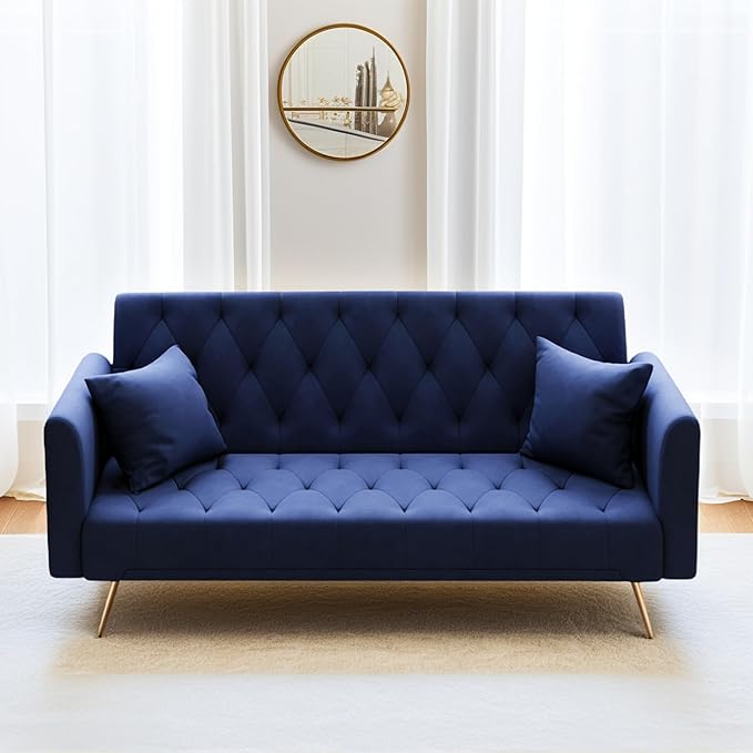 Anwick Modern Velvet Sofa Bed Futon with 2 Pillows2-in 1 Convertible Sleeper Couch BedFolding Recliner Loveseat with Golden Metal Legs for Living Room Apartment Office (Blue)