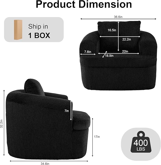 36.6 Swivel Accent Chairs Set of 2 360 Degree Oversized Swivel Barrel Chair for Living Room Modern Corduroy Upholstered Accent Armchair Comfy Boneless Sofa Chair for Bedroom Black