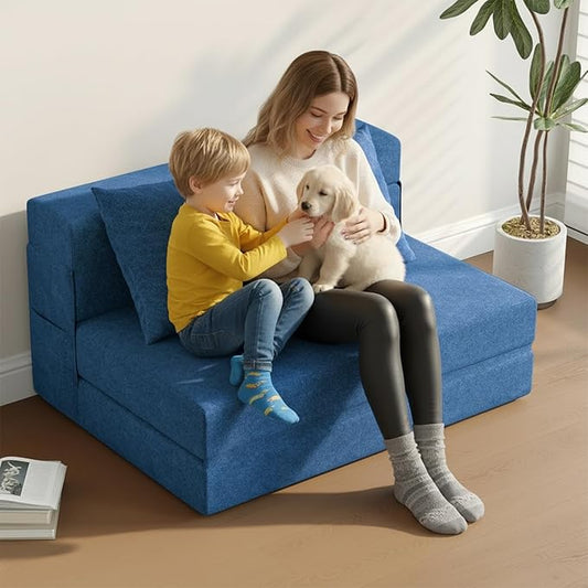5-in-1 Convertible Folding Sofa Bed - Sleeper Chair with Pillows Fold Out Chair Bed Futon Couch Foldable Floor Mattress for Living Room/Dorm/Guest Use/Home Office/Apartment Twin Navy Blue