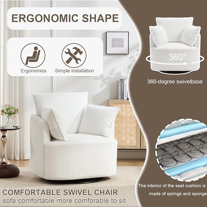 Swivel accent chairSwivel barrel chairReclining armchairs for bedrooms Swivel chairUpholstered Living Room Chair Corduroy Reading Chair Single Sofa Chair for Apartment Office(Modern White)