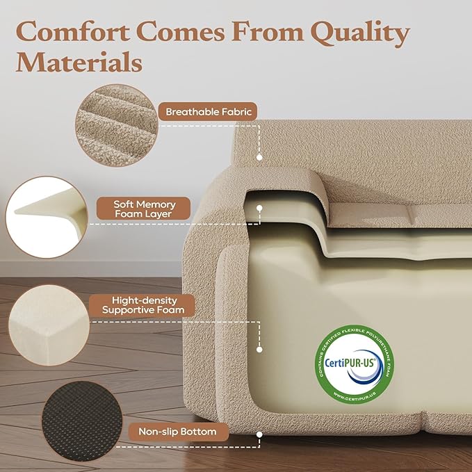 Cloud-Loaf Armless Middle Chair Single Modular Sofa Extension Piece Boneless Memory Foam Slipper Chair Deep Seat Floor Couch Component for Living Room No Assembly Beige