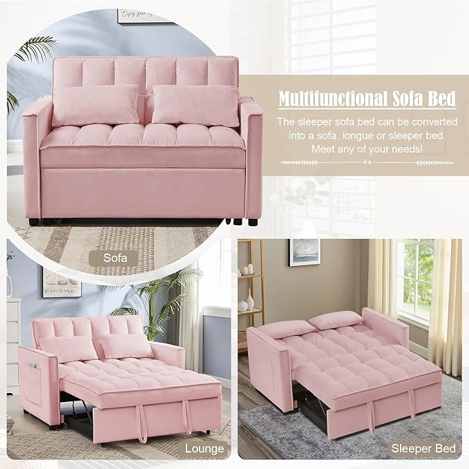 3 in 1 Convertible Sleeper Sofa Couch with Pull Out Bed55 Velvet Upholstered Futon Sofa BedModern Loveseat Sleeper Chaise with Adjustable Backrest for Living Room Guest Room Apartment(Pink)