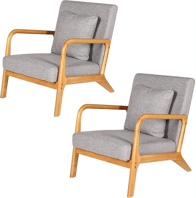ELUCHANG Mid-Century Modern Accent Chair with Lumbar PillowUpholstered ArmchairLinen Fabric Comfy Reading Chair Lounge Side Chair for Living Room Bedroom ApartmentEasy Assembly(Grey2pcs)