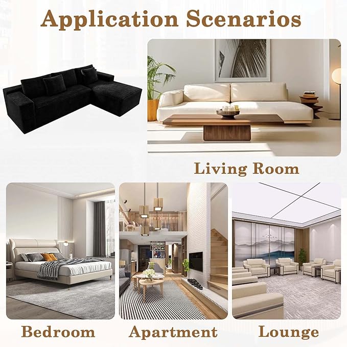 104 Black Boneless Couch with Chaise Sectional Couches for Living Room L Shaped Couch 4 Seat SofaCompression Sofa for Bedroom Comfy No Assembly Corduroy (Black Right)