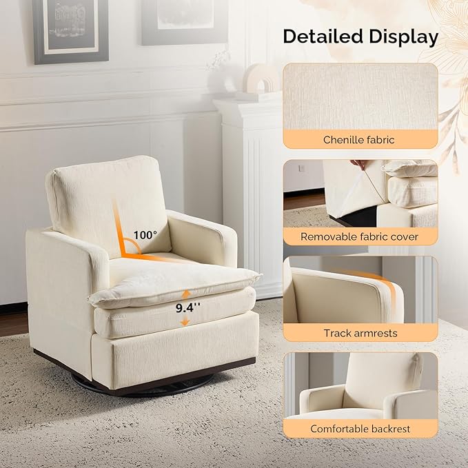 VINGLI Mid-Century Modern Single Swivel Armchair 360° Swivel Accent Chair Double-Layer Seat Cushions Upholstered Square Club Chair for Living Room Bedroom Reading RoomChenille Beige