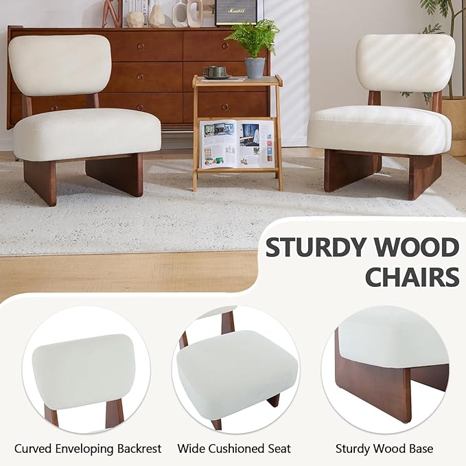 White Accent Chair Set of 2 for Small Spaces Armless Accent Chair for Bedroom Side Chairs &amp Comfy Chairs for Living Room Wood Base Comfy Cushion Bedroom Office (Walnut+White)