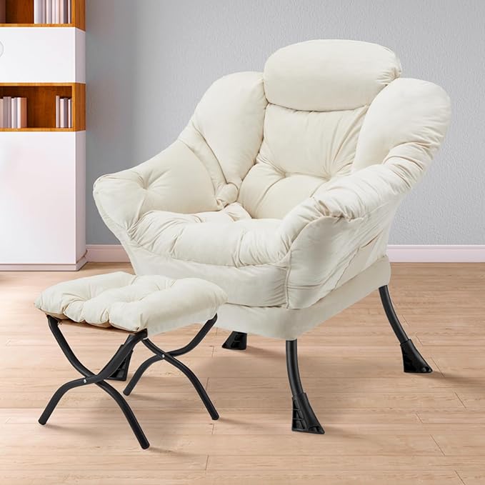 Lazy Chair with Folding Ottoman Modern Large Accent ChairContemporary Lounge Leisure Sofa Chair with Armrests Upholstered Sofa Armchair Reading Chair for BedroomDorm &amp Office (Beige-f)