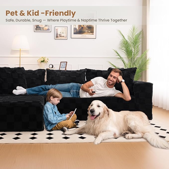 Modular Sectional Sofa 108 L-Shaped Boneless Couch with Deep Seat Corduroy Cloud Couch for Living Room Bedroom No Assembly Required Ship in a Box Checkered Black