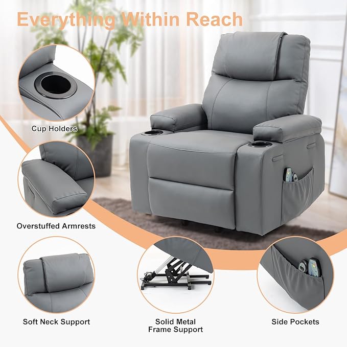 Power Lift Recliner Sofa Chair Electric Stand Assit for Elderly People Leather Reclining Chair with Cup Holders Massage &amp Heat Functions Living Room or Bedroom Furniture for Resting Gray