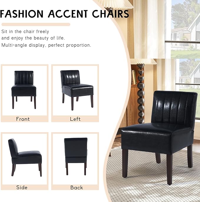 Gaussen Armless Accent Chairs Set of 2 Upholstered Comfy Chairs for Living Room and Vanity with Solid Wood Legs Black
