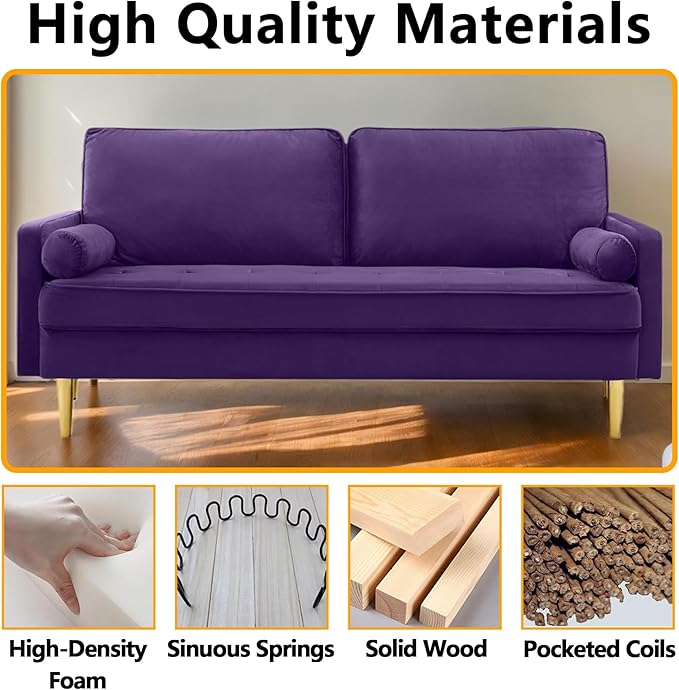 65 Inch Purple Velvet Couch Small Loveseat Sofa &amp Office Sofa for Small Space Smalls Couch for Bedroom Livingroom 2 Pillows Gold Legs Tufted Seat (Purple)