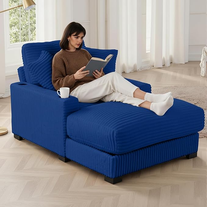 41 Chaise Lounge Indoor Comfy Reading Chair with 2 PillowsUSB Charger Cup Holder Adjustable Backrest Corduroy Sofa Bed Lazy Chair Sleeper Couch Small Couch for Apartment Blue