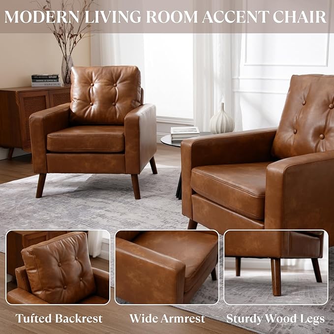 Brown Accent Chairs Set of 2 Faux Leather Tufted Single Sofa Oversized Club Chair Armchair Mid Century Modern Armchair with Wood Legs for Reading/Living Room/Bedroom