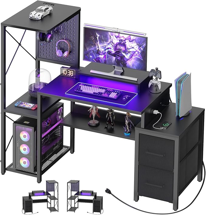 Small Gaming Desk with 2 Fabric Drawers - Reversible Computer Desk with Power Outlet &amp LED Lights 49 Office Desk with Monitor Stand &amp Storage Shelves Writing Study Table with Pegboard Blac
