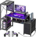 Small Gaming Desk with 2 Fabric Drawers - Reversible Computer Desk with Power Outlet &amp LED Lights 49 Office Desk with Monitor Stand &amp Storage Shelves Writing Study Table with Pegboard Blac