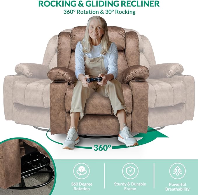 VIVIJASON Manual Swivel Rocking Glider Recliner Chair with Heat &amp Vibration Massage 360° Swivel Overstuffed Reclining Chair with 2 Cup Holders Side Pockets &amp USB Ports for Living Room Plush